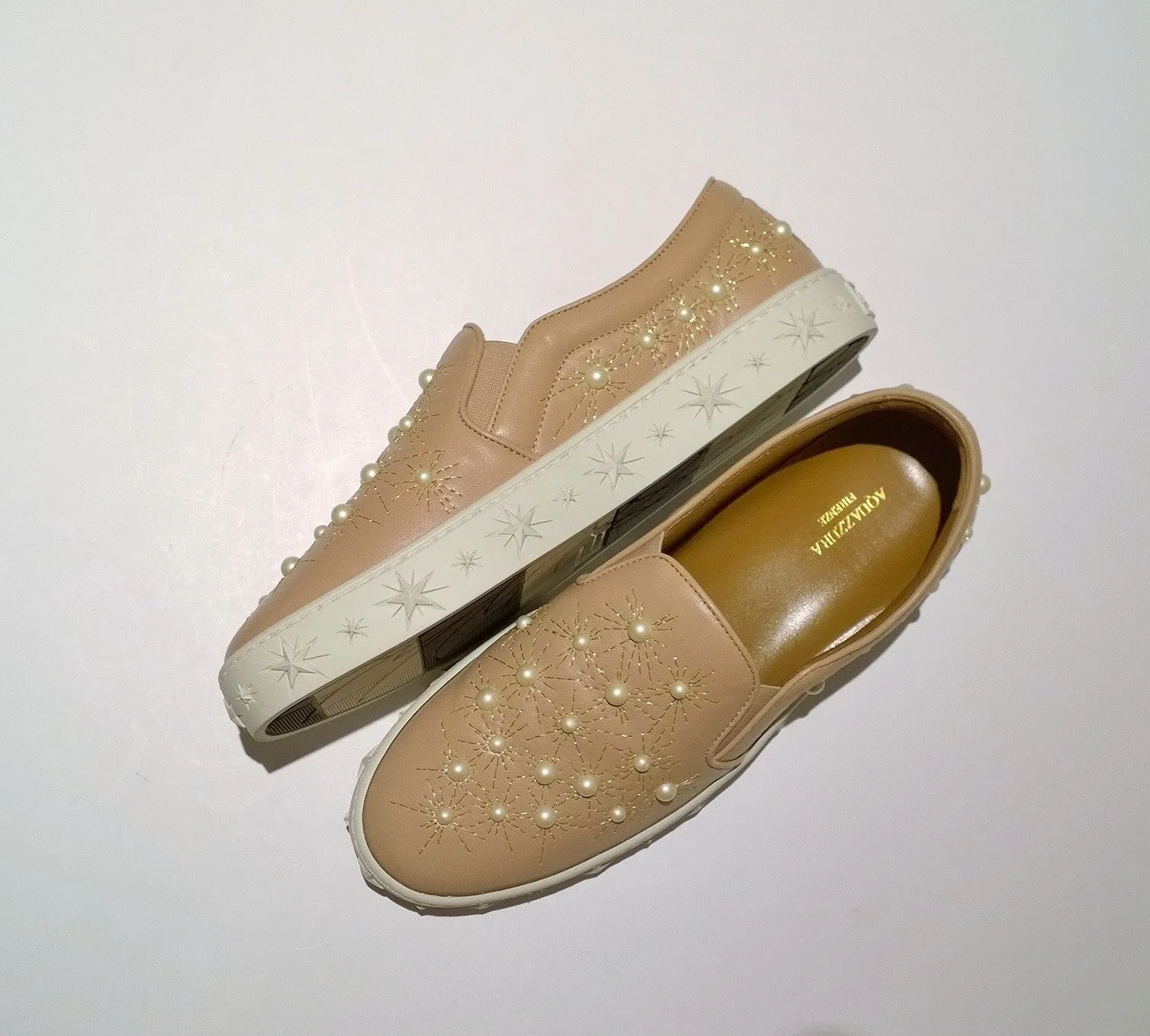 Aquazzura Cosmic Pearls Beige Nude Leather Slip On Sneakers