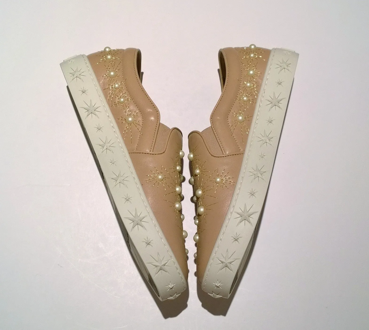 Aquazzura Cosmic Pearls Beige Nude Leather Slip On Sneakers