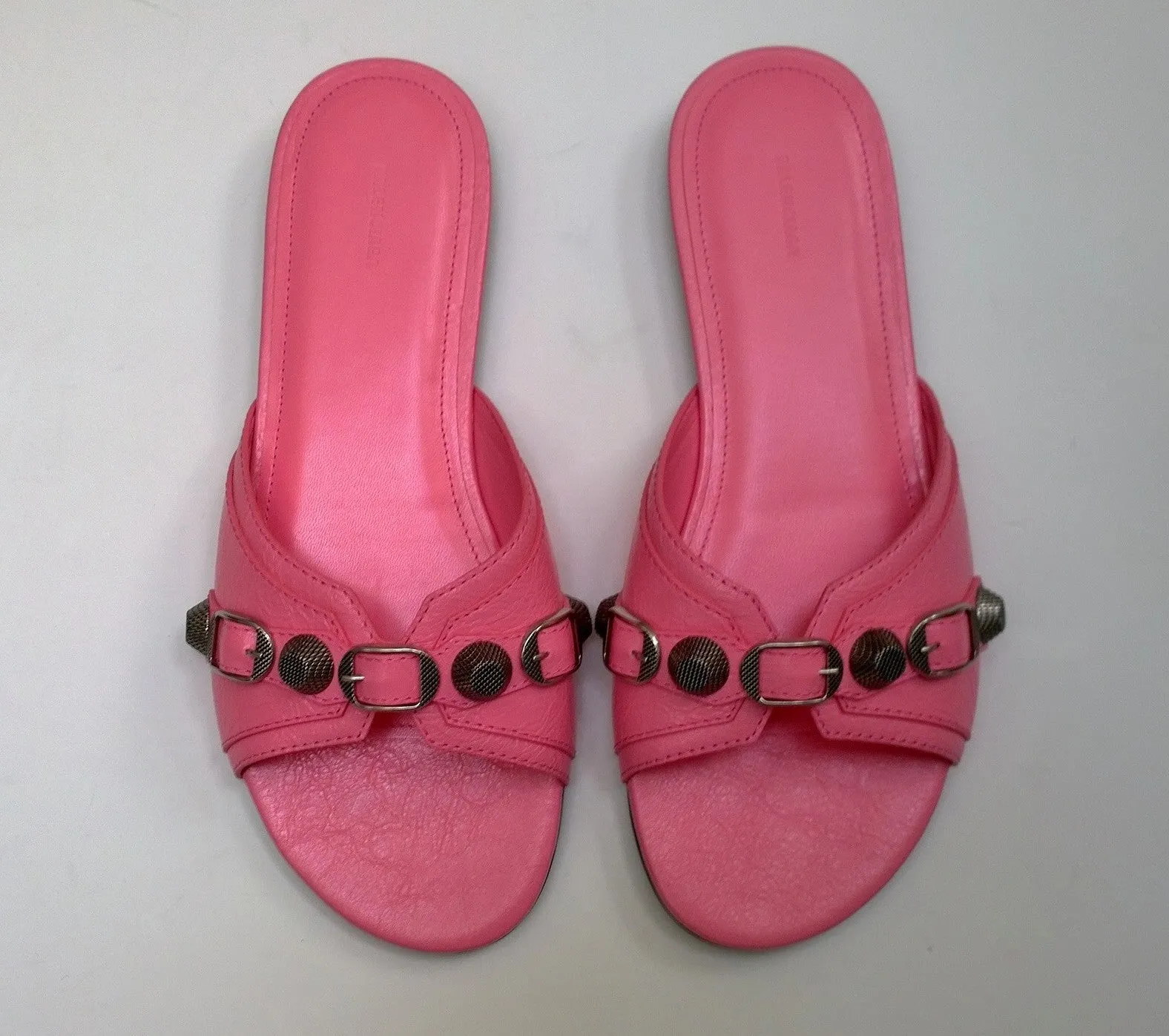 Balenciaga Cagola Moto Classic Pink Leather Flat Sandals Cagole