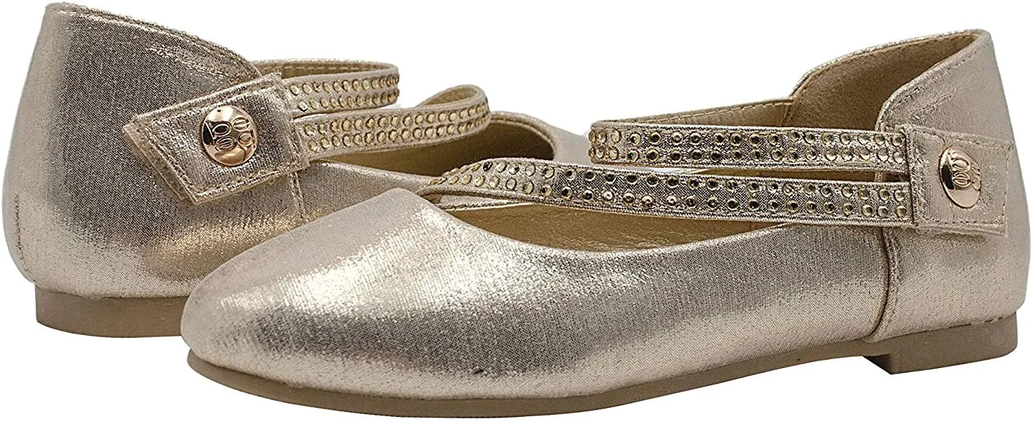 bebe Girls’ Big Kid Shimmer Ballet Flat Sandals with Rhinestone Strap, Mary Jane Slip On Round Toe Dress Ballerina Shoes