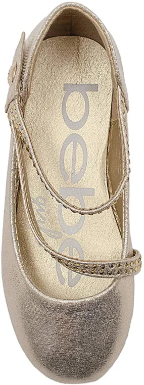 bebe Girls’ Big Kid Shimmer Ballet Flat Sandals with Rhinestone Strap, Mary Jane Slip On Round Toe Dress Ballerina Shoes