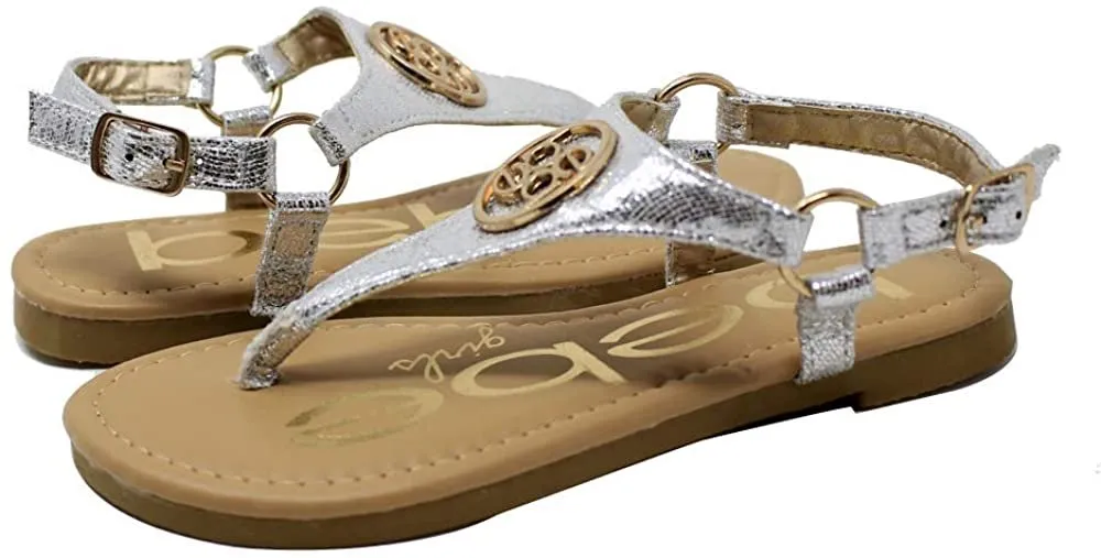 bebe Girls Big Kid Shimmery Thong Slide Sandal with Adjustable Back Strap - Fashion Summer Flat Shoes