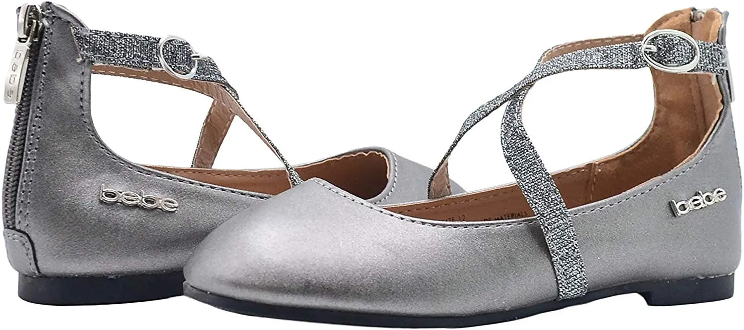 bebe Girls Big Kid Shiny Metallic Ballet Flats Slip-On Round Toe Dress Ballerina Shoe with Glitter Embellished Criss Cross Straps