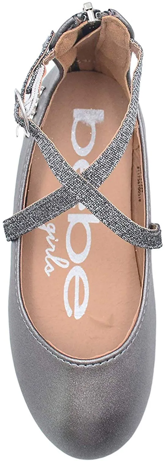 bebe Girls Big Kid Shiny Metallic Ballet Flats Slip-On Round Toe Dress Ballerina Shoe with Glitter Embellished Criss Cross Straps