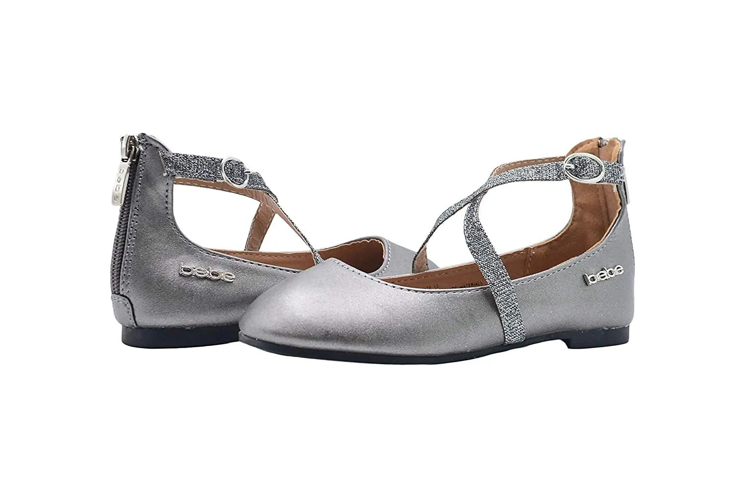 bebe Girls Big Kid Shiny Metallic Ballet Flats Slip-On Round Toe Dress Ballerina Shoe with Glitter Embellished Criss Cross Straps