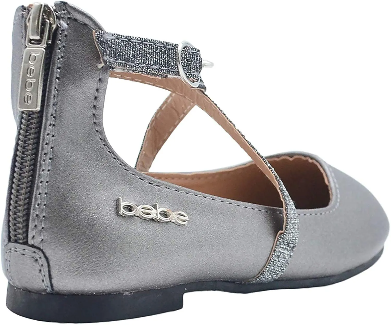 bebe Girls Big Kid Shiny Metallic Ballet Flats Slip-On Round Toe Dress Ballerina Shoe with Glitter Embellished Criss Cross Straps