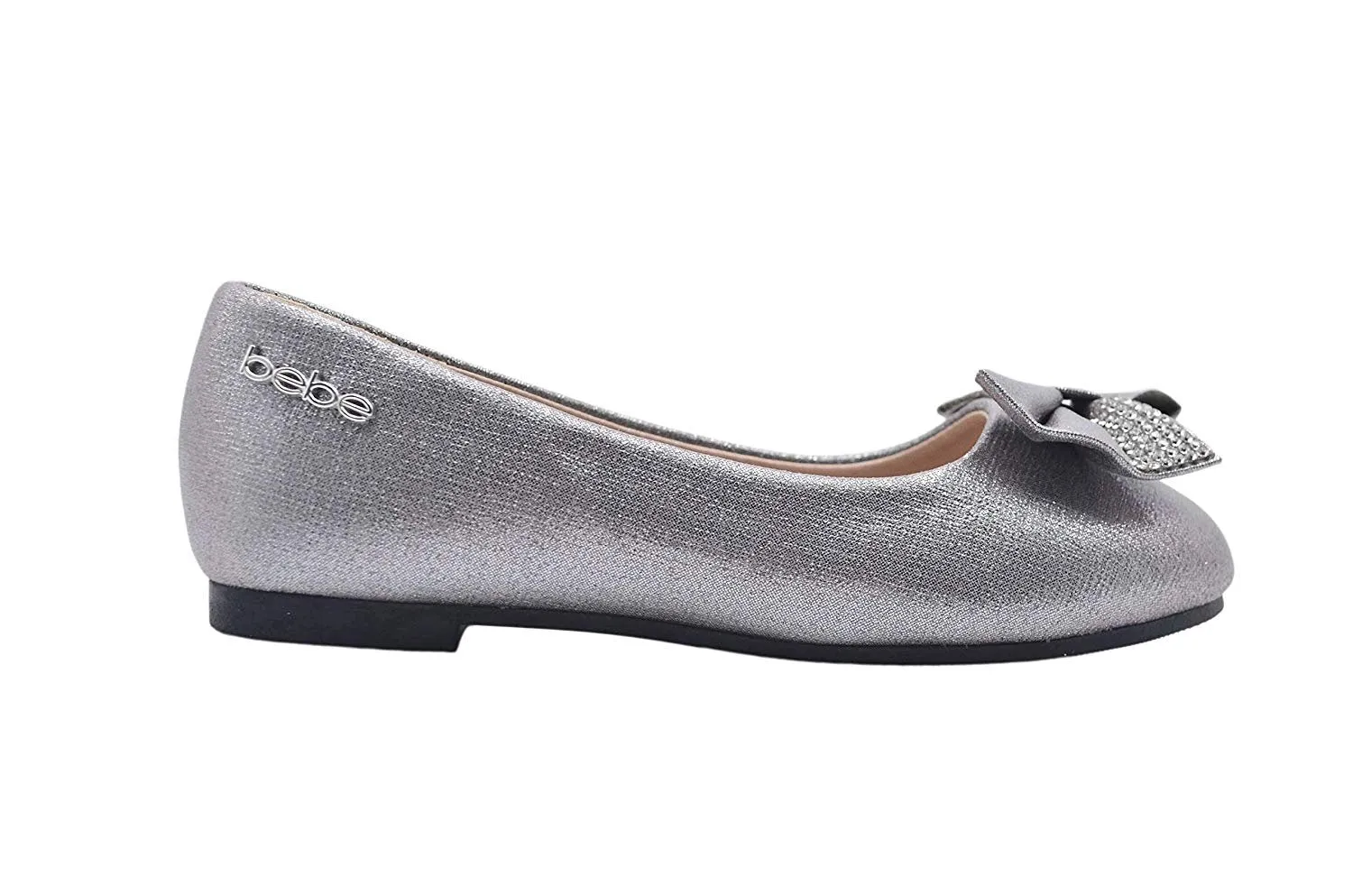 bebe Girls Big Kid Shiny Metallic Ballet Flats Slip-On Round Toe Dress Ballerina Shoe with Rhinestone Embellished Bow