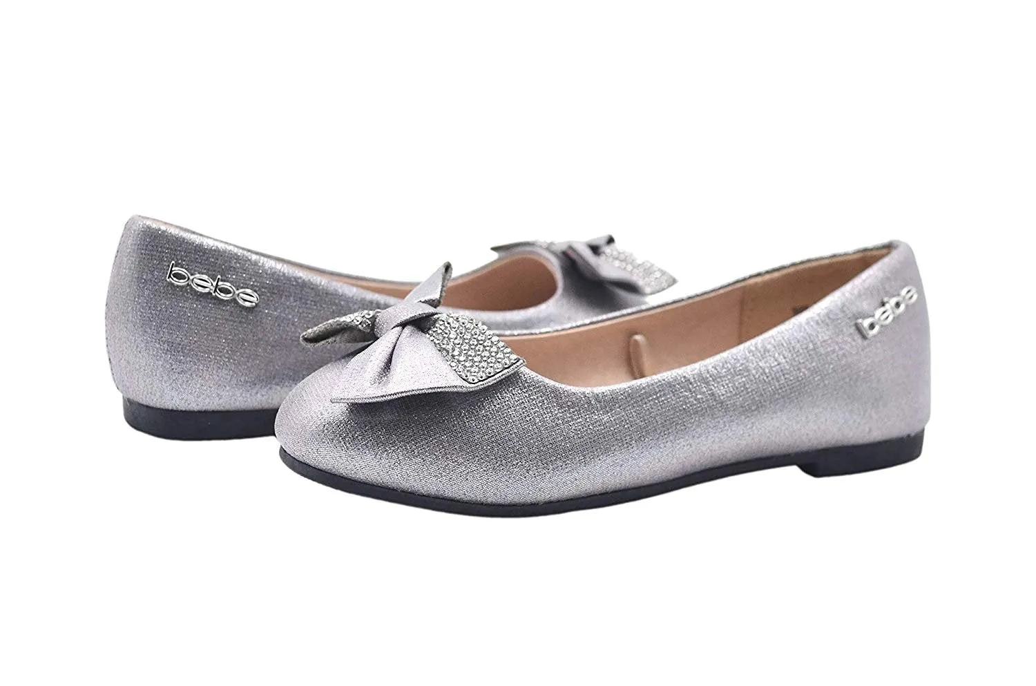 bebe Girls Big Kid Shiny Metallic Ballet Flats Slip-On Round Toe Dress Ballerina Shoe with Rhinestone Embellished Bow