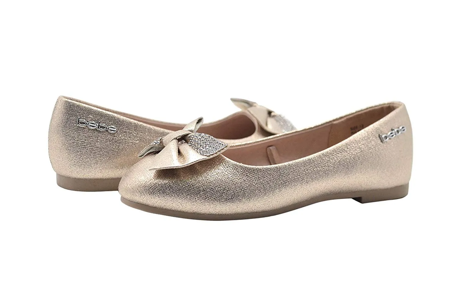 bebe Girls Big Kid Shiny Metallic Ballet Flats Slip-On Round Toe Dress Ballerina Shoe with Rhinestone Embellished Bow