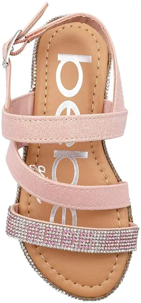 bebe Girls' Big Kid Slip-On Glitter Strappy Sandals with Rhinestone Logo, Open-Toe Flat Fashion Summer Shoes