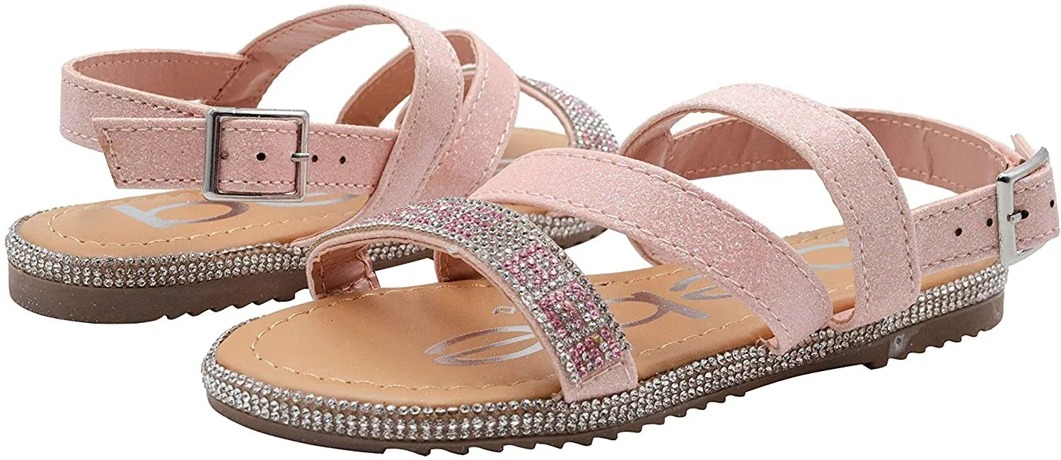 bebe Girls' Big Kid Slip-On Glitter Strappy Sandals with Rhinestone Logo, Open-Toe Flat Fashion Summer Shoes