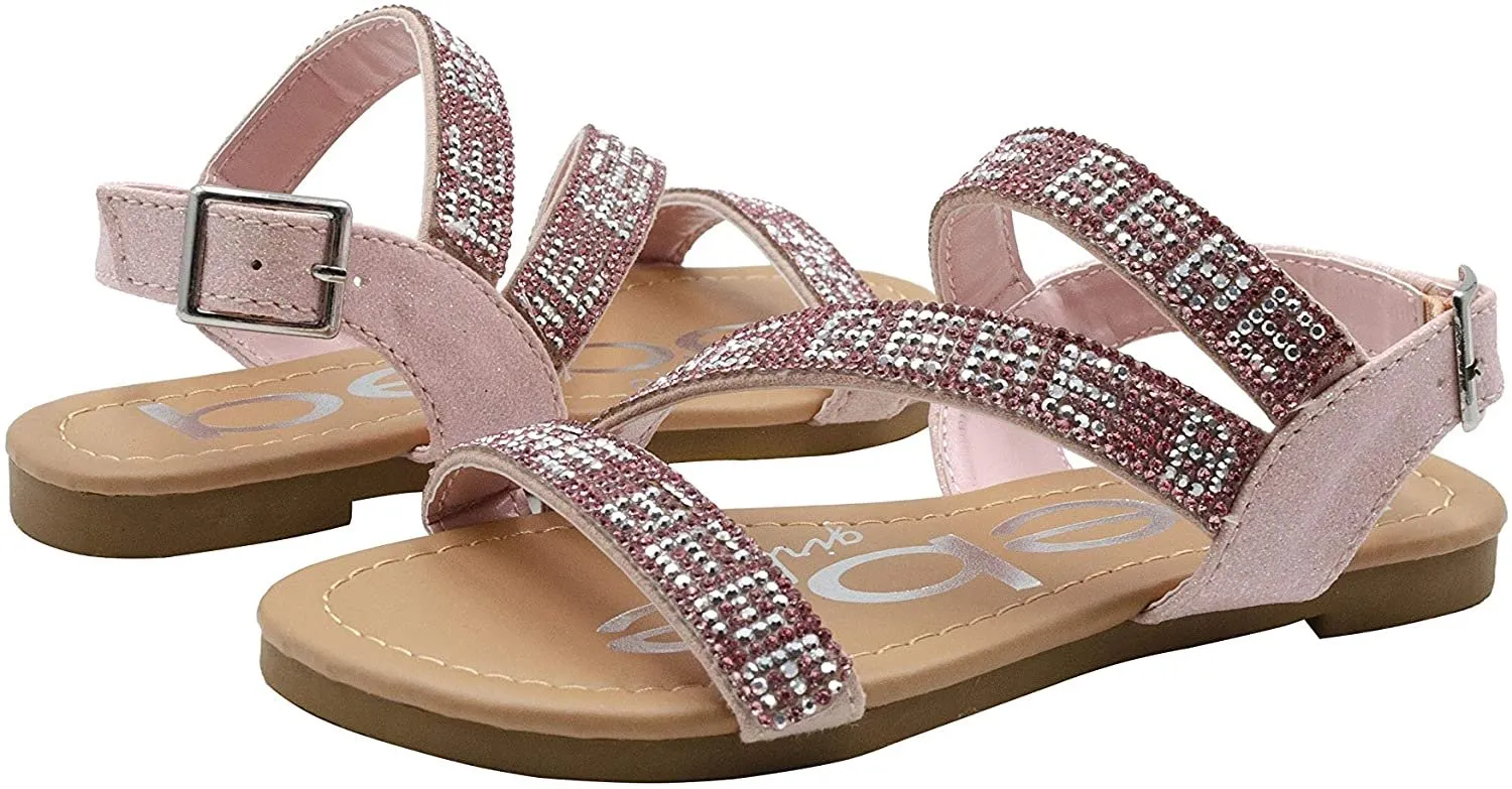 bebe Girls' Big Kid Slip-On Glitter Strappy Sandals with Rhinestone Logo, Open-Toe Flat Fashion Summer Shoes