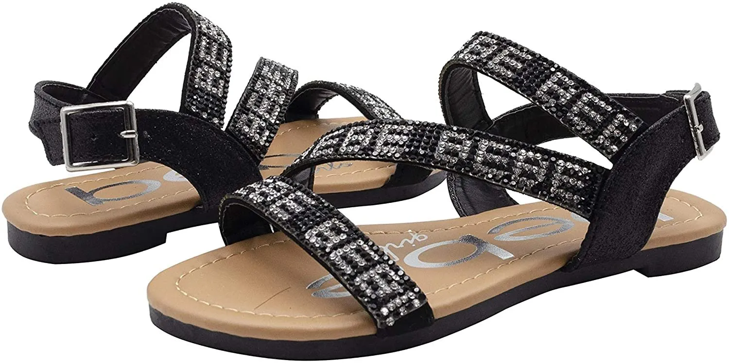 bebe Girls' Big Kid Slip-On Glitter Strappy Sandals with Rhinestone Logo, Open-Toe Flat Fashion Summer Shoes