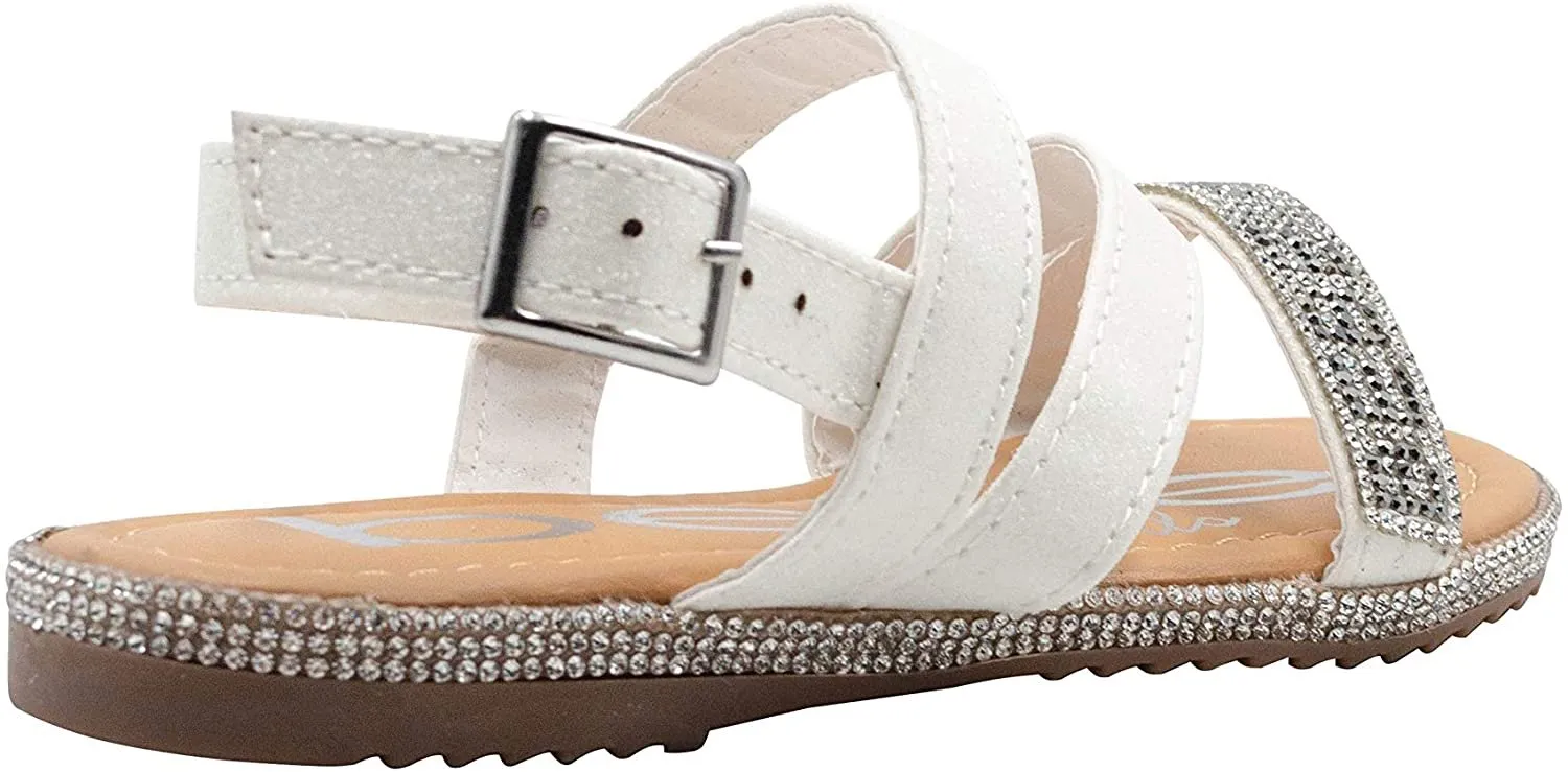 bebe Girls' Big Kid Slip-On Glitter Strappy Sandals with Rhinestone Logo, Open-Toe Flat Fashion Summer Shoes