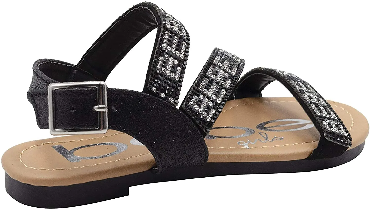 bebe Girls' Big Kid Slip-On Glitter Strappy Sandals with Rhinestone Logo, Open-Toe Flat Fashion Summer Shoes