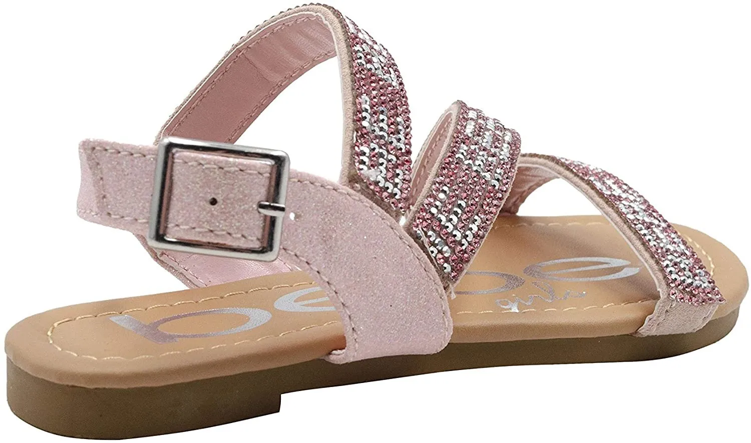 bebe Girls' Big Kid Slip-On Glitter Strappy Sandals with Rhinestone Logo, Open-Toe Flat Fashion Summer Shoes