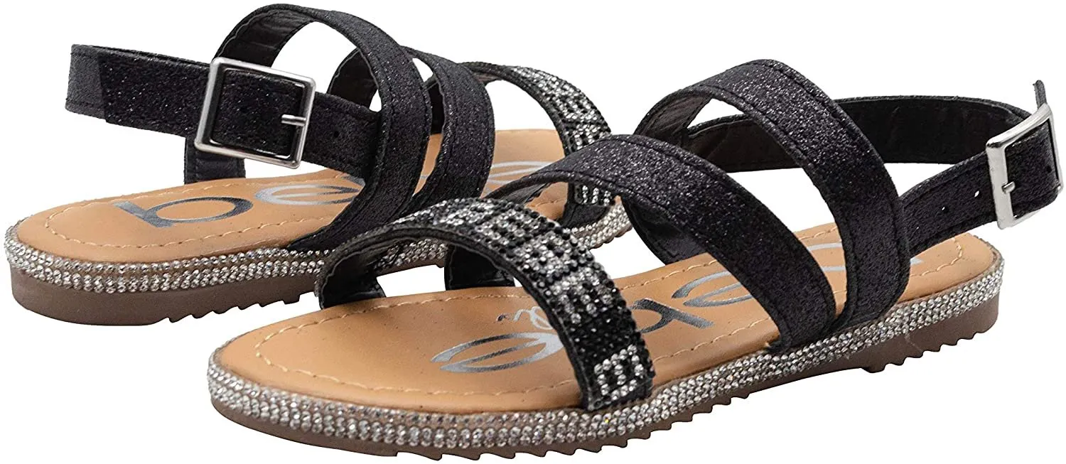 bebe Girls' Big Kid Slip-On Glitter Strappy Sandals with Rhinestone Logo, Open-Toe Flat Fashion Summer Shoes