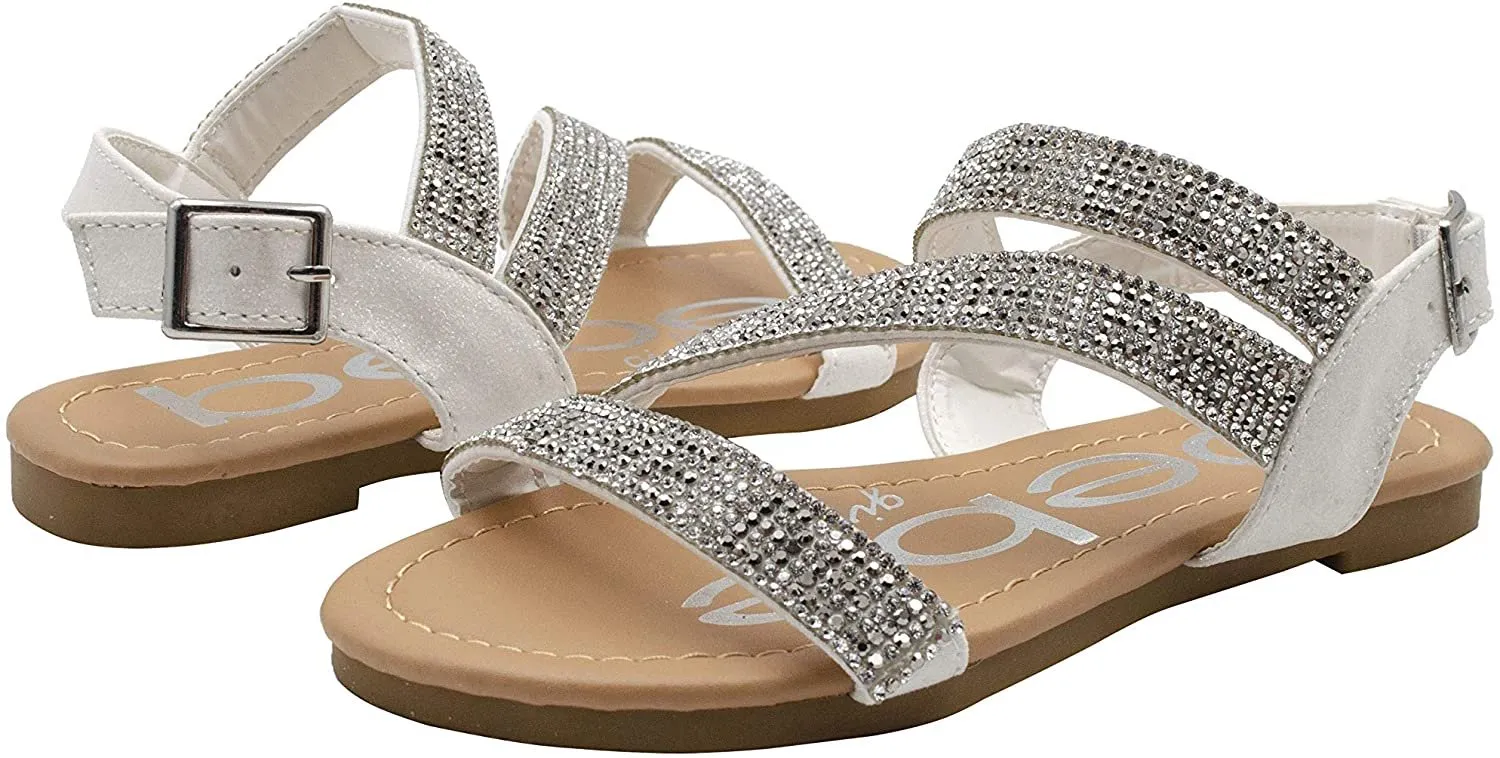 bebe Girls' Big Kid Slip-On Glitter Strappy Sandals with Rhinestone Logo, Open-Toe Flat Fashion Summer Shoes