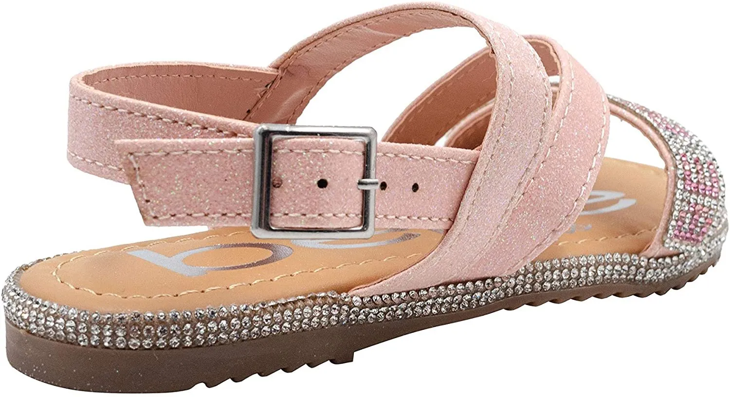 bebe Girls' Big Kid Slip-On Glitter Strappy Sandals with Rhinestone Logo, Open-Toe Flat Fashion Summer Shoes