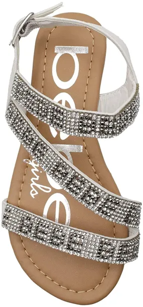 bebe Girls' Big Kid Slip-On Glitter Strappy Sandals with Rhinestone Logo, Open-Toe Flat Fashion Summer Shoes