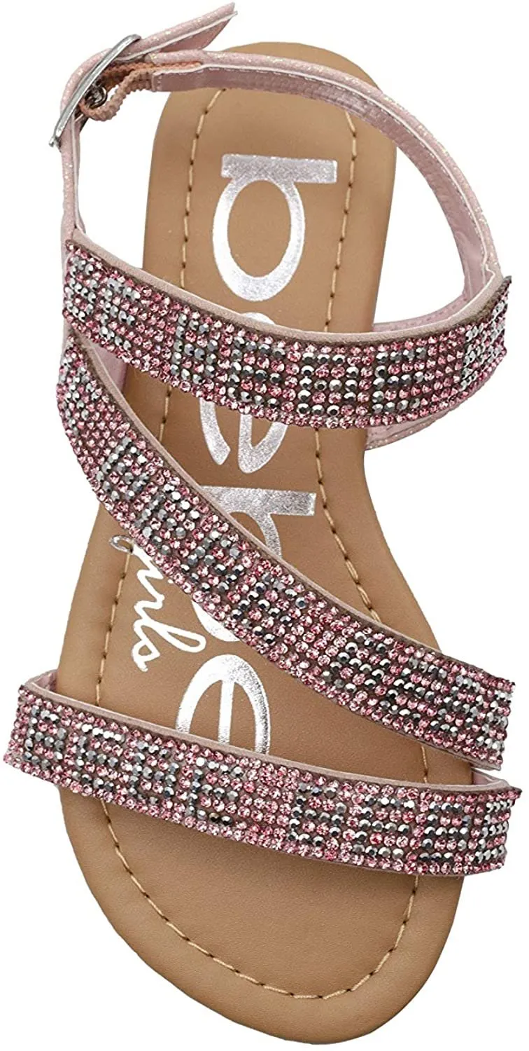 bebe Girls' Big Kid Slip-On Glitter Strappy Sandals with Rhinestone Logo, Open-Toe Flat Fashion Summer Shoes