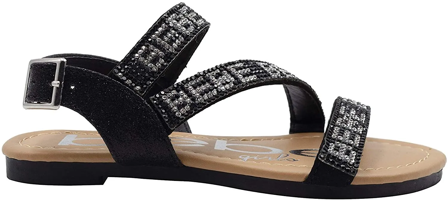 bebe Girls' Big Kid Slip-On Glitter Strappy Sandals with Rhinestone Logo, Open-Toe Flat Fashion Summer Shoes