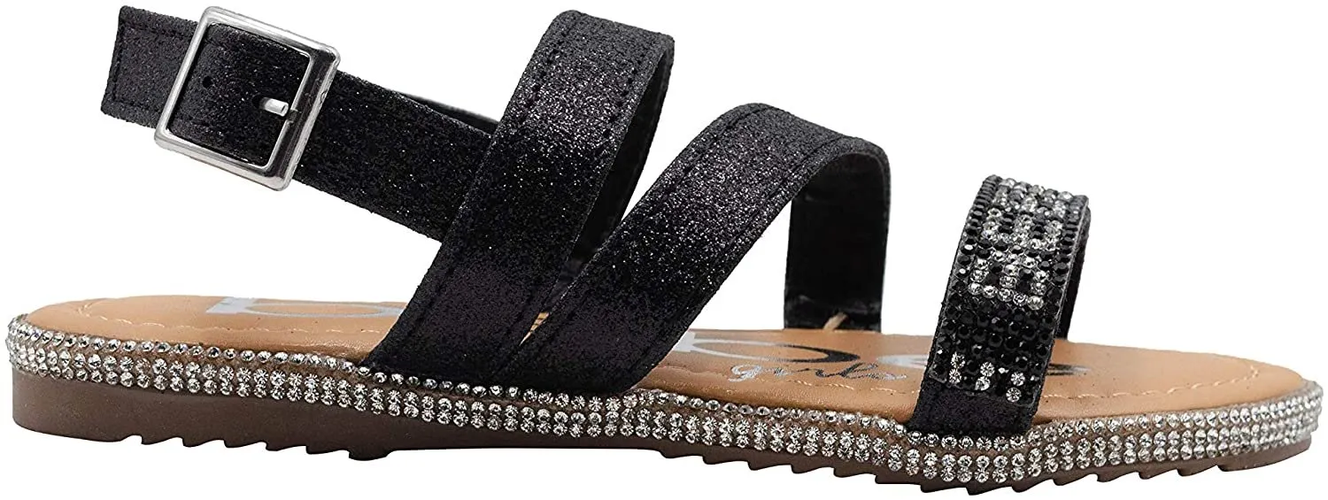 bebe Girls' Big Kid Slip-On Glitter Strappy Sandals with Rhinestone Logo, Open-Toe Flat Fashion Summer Shoes