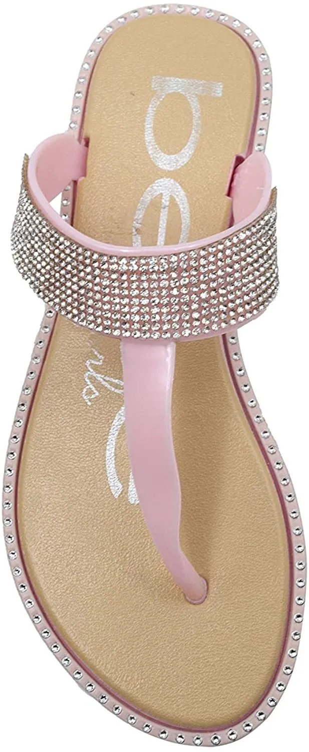 bebe Girls' Big Kid Slip-On PCU Thong Sandals with Rhinestone Strap and Studded Welt, Open-Toe Flat Fashion Summer Thong Slipper Shoes