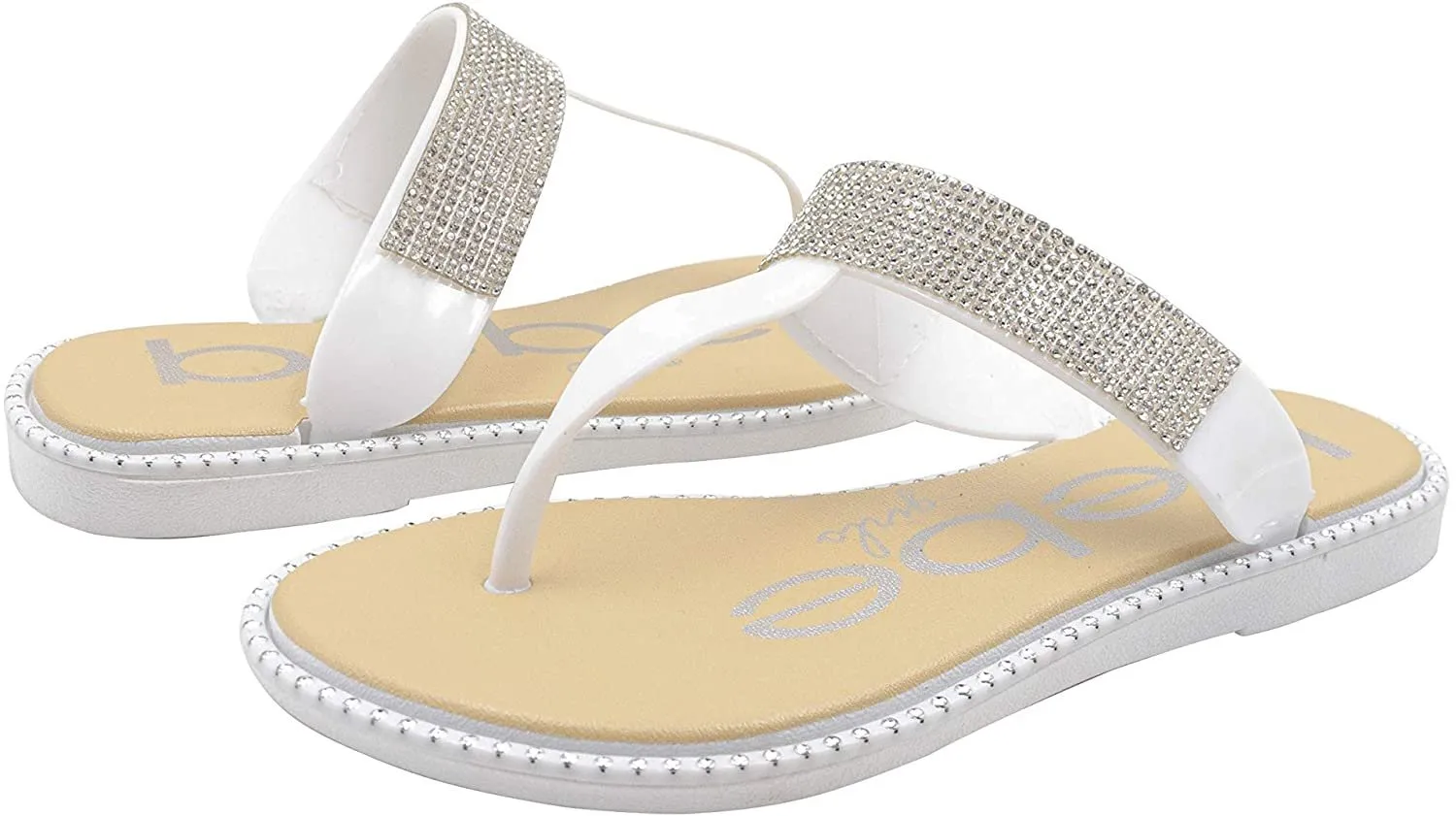 bebe Girls' Big Kid Slip-On PCU Thong Sandals with Rhinestone Strap and Studded Welt, Open-Toe Flat Fashion Summer Thong Slipper Shoes