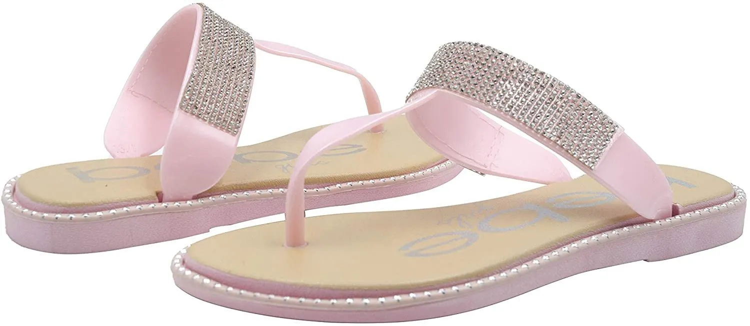 bebe Girls' Big Kid Slip-On PCU Thong Sandals with Rhinestone Strap and Studded Welt, Open-Toe Flat Fashion Summer Thong Slipper Shoes