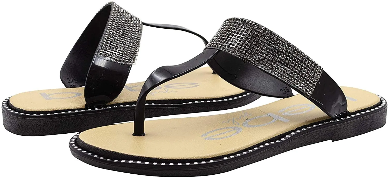 bebe Girls' Big Kid Slip-On PCU Thong Sandals with Rhinestone Strap and Studded Welt, Open-Toe Flat Fashion Summer Thong Slipper Shoes