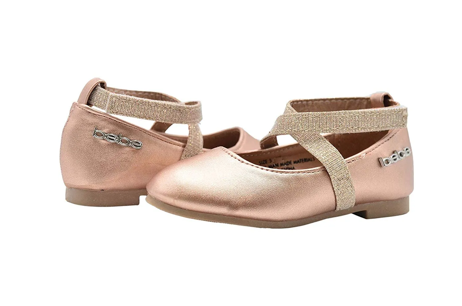 bebe Toddler Girls Little Kid Metallic Ballet Flats Slip-On Round Toe Dress Ballerina Shoe with Glitter Embellished Strap