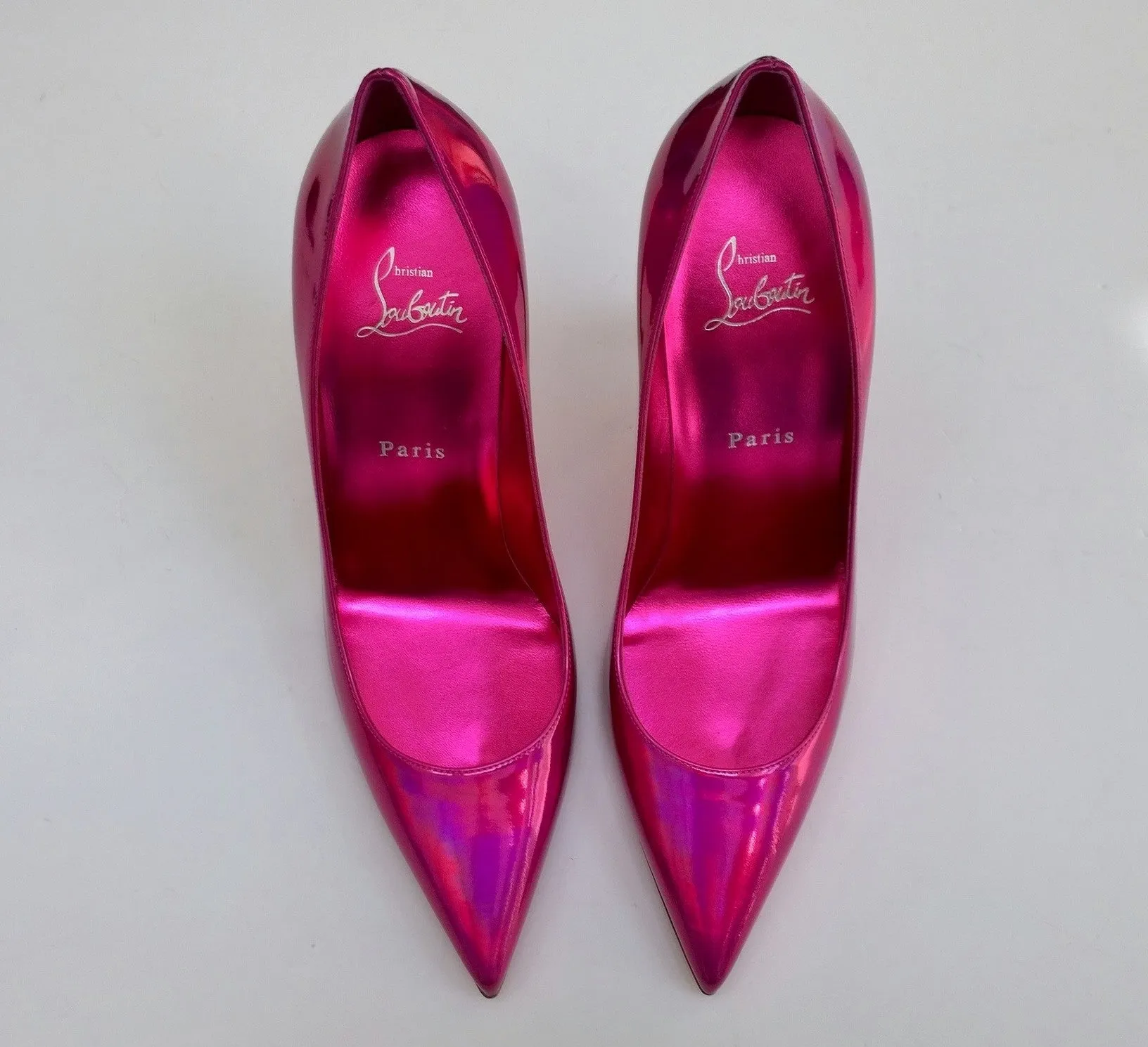 Christian Louboutin Kate 100 Patent Psychic Metallic Pink Heels Fuchsia Shoes Fuxia