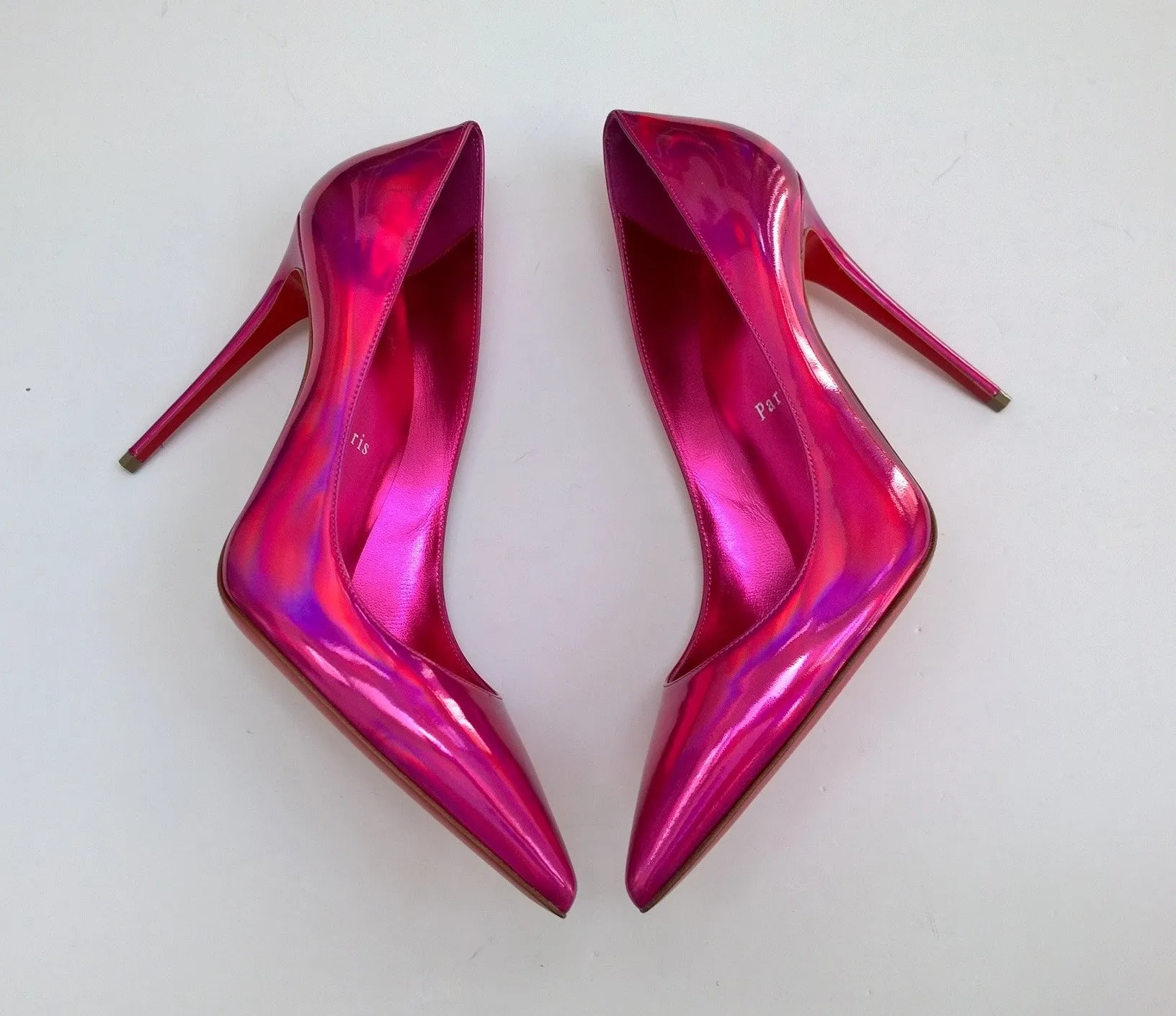 Christian Louboutin Kate 100 Patent Psychic Metallic Pink Heels Fuchsia Shoes Fuxia