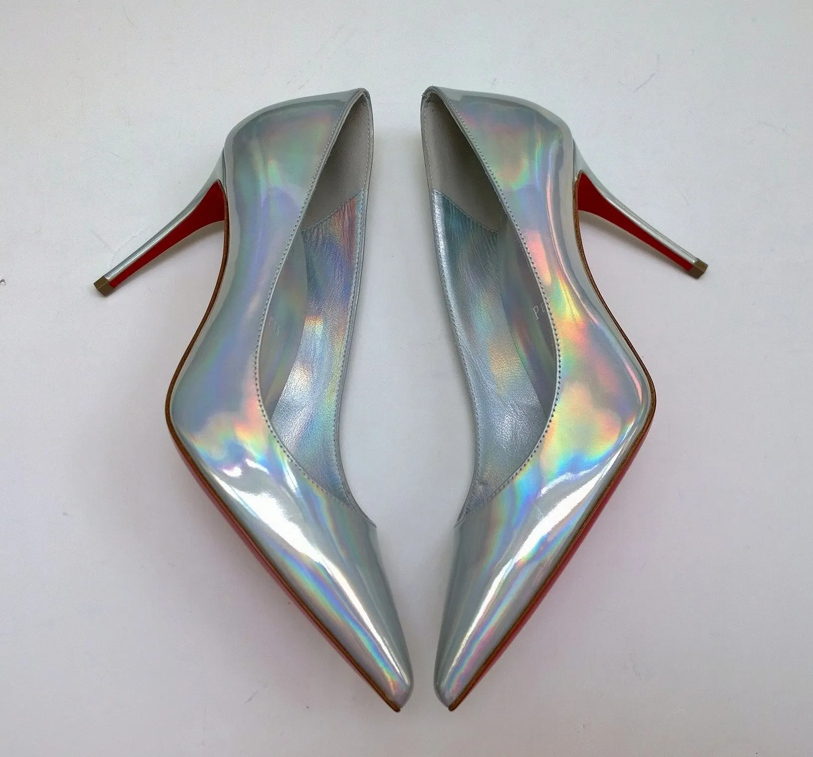 Christian Louboutin Kate 85 Patent Psychic Bianco Silver Iridescent Heels