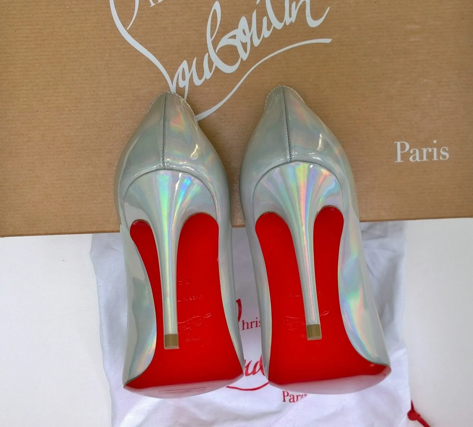 Christian Louboutin Kate 85 Patent Psychic Bianco Silver Iridescent Heels