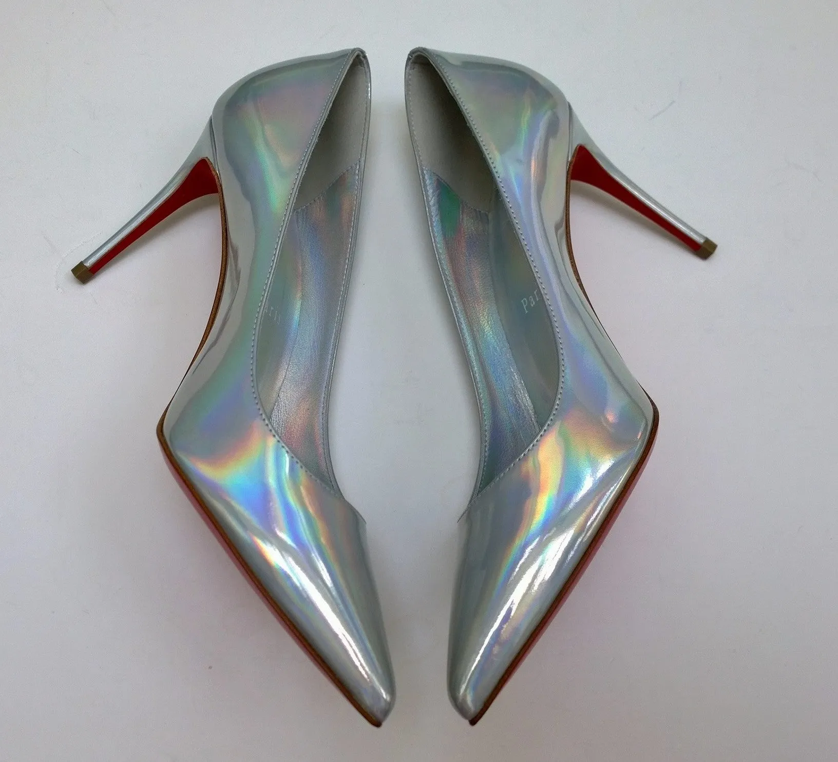 Christian Louboutin Kate 85 Patent Psychic Bianco Silver Iridescent Heels