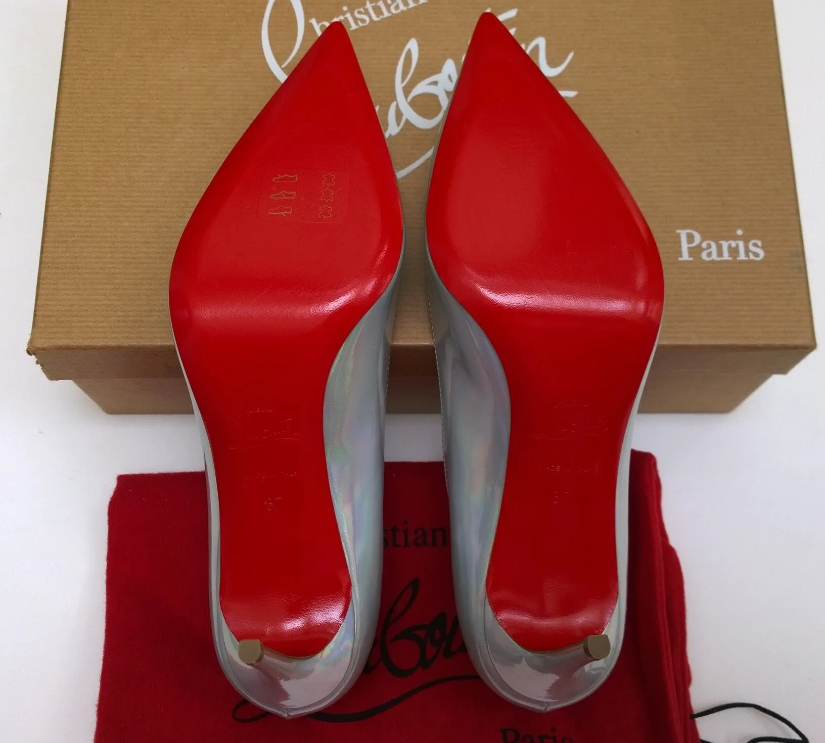 Christian Louboutin Kate 85 Patent Psychic Bianco Silver Iridescent Heels