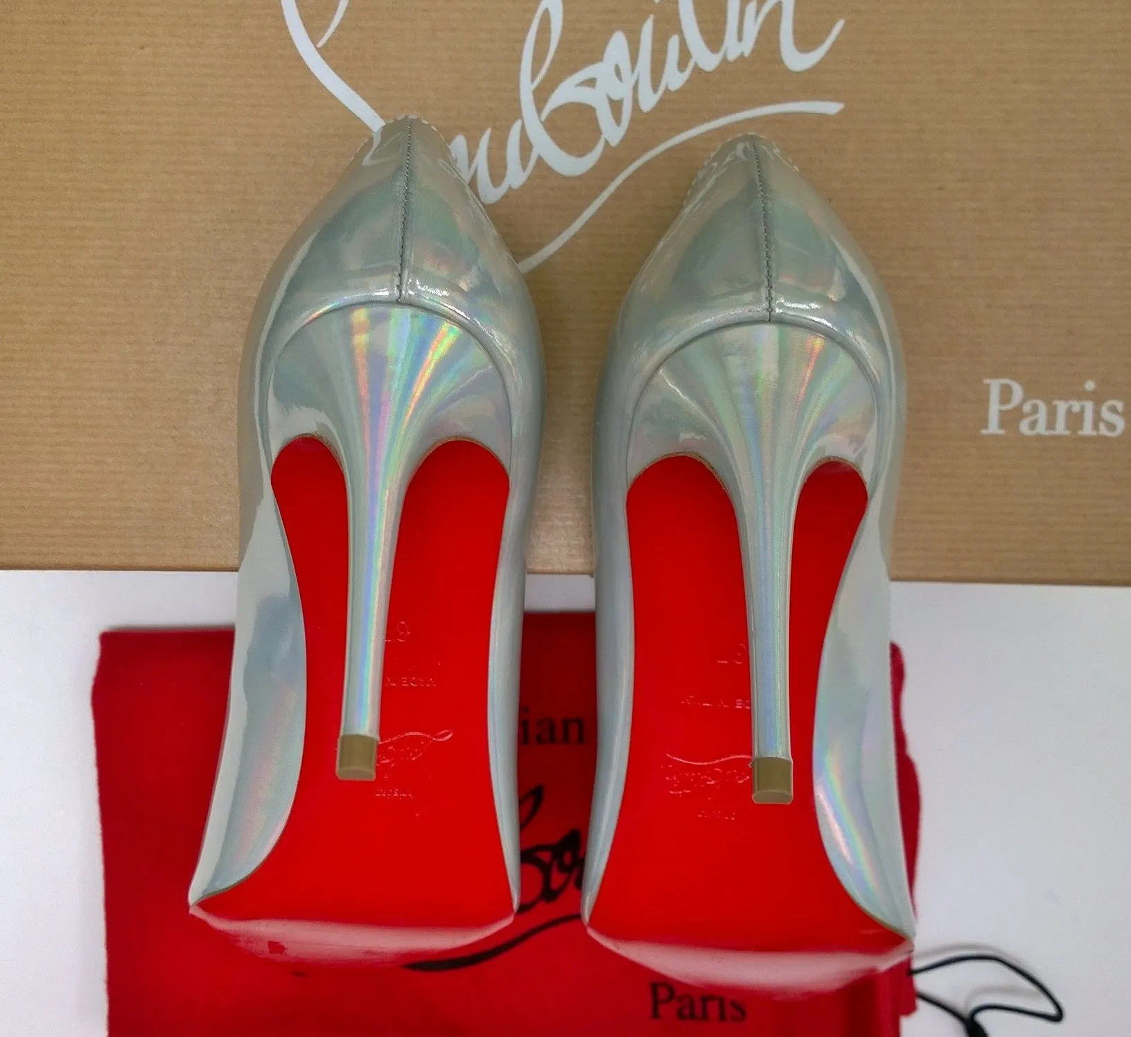 Christian Louboutin Kate 85 Patent Psychic Bianco Silver Iridescent Heels