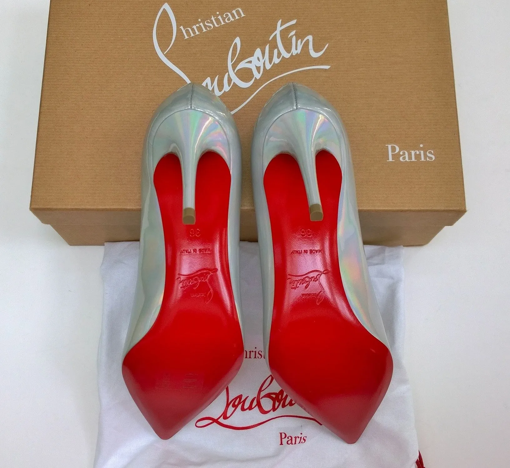 Christian Louboutin Kate 85 Patent Psychic Bianco Silver Iridescent Heels