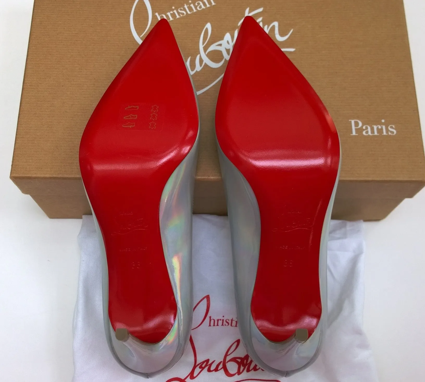 Christian Louboutin Kate 85 Patent Psychic Bianco Silver Iridescent Heels