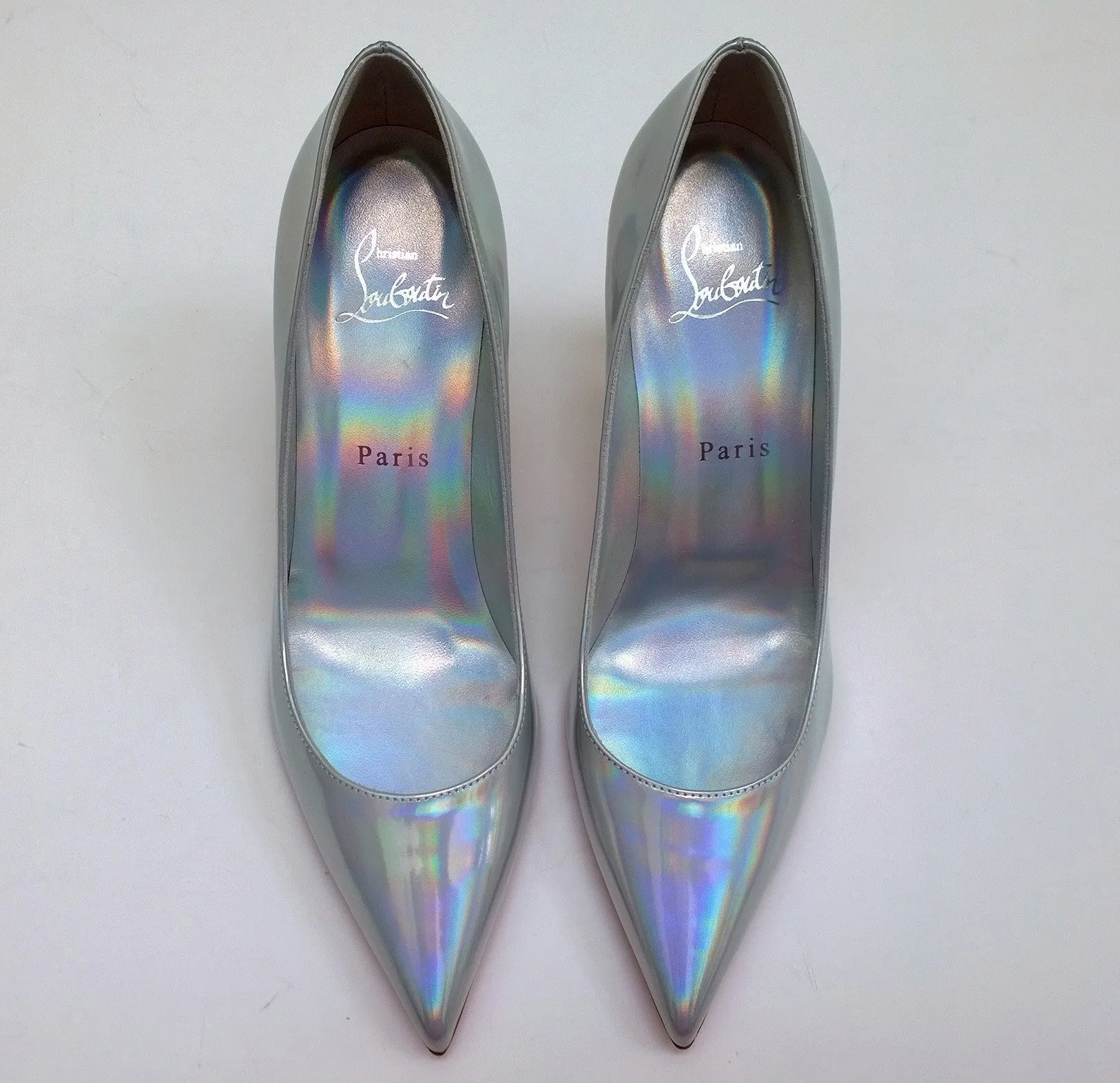 Christian Louboutin Kate 85 Patent Psychic Bianco Silver Iridescent Heels