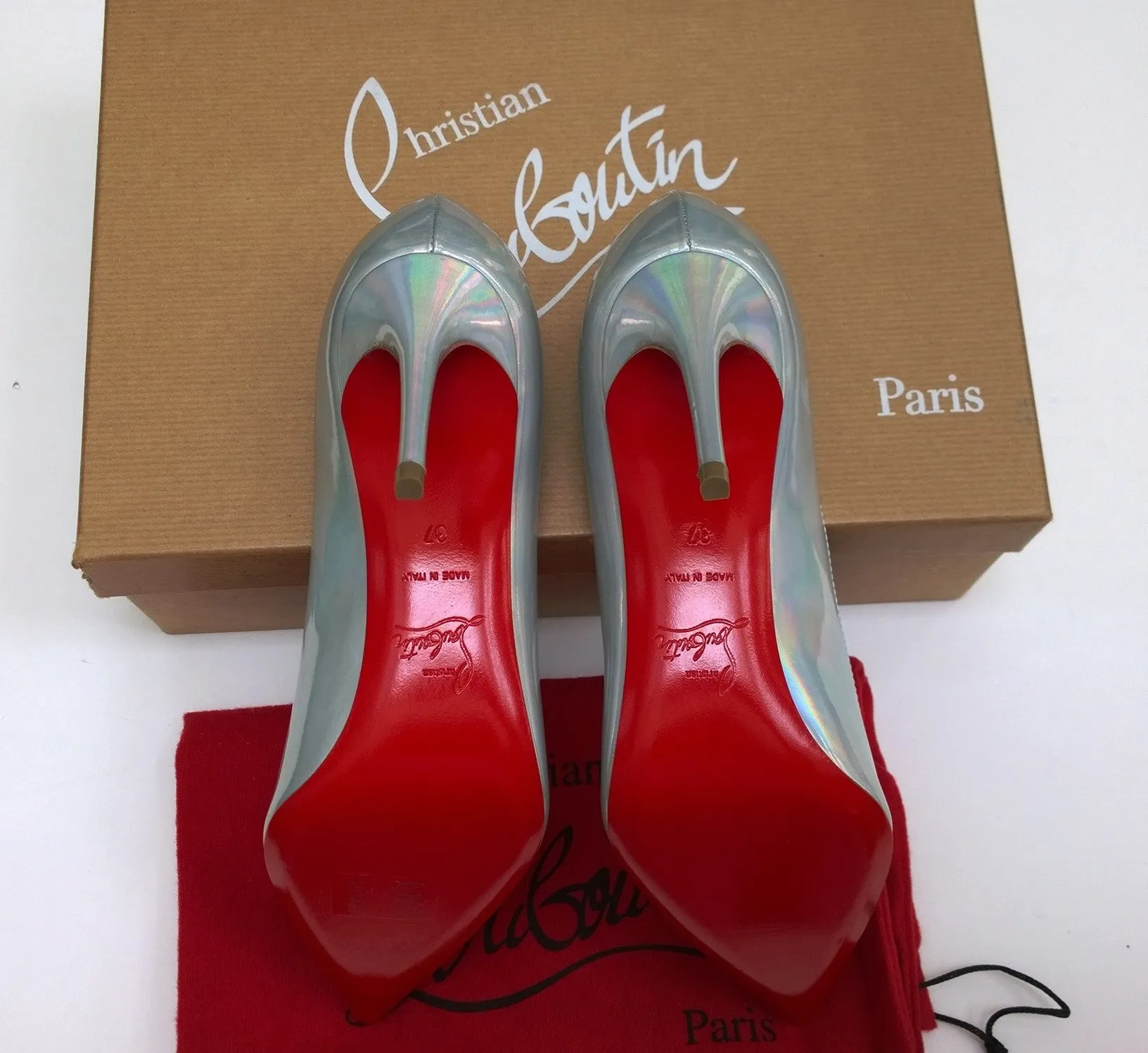 Christian Louboutin Kate 85 Patent Psychic Bianco Silver Iridescent Heels