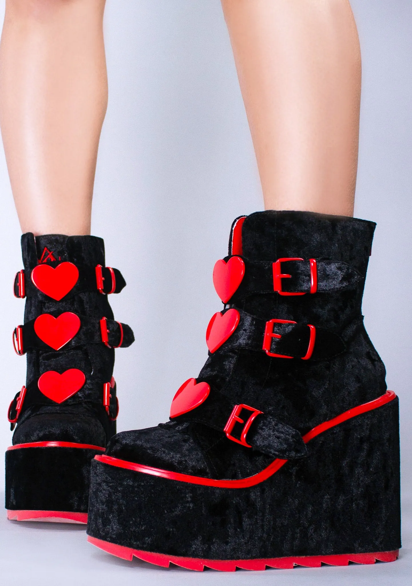 Dune Lo Heart Velvet Platform Boots in Black Red