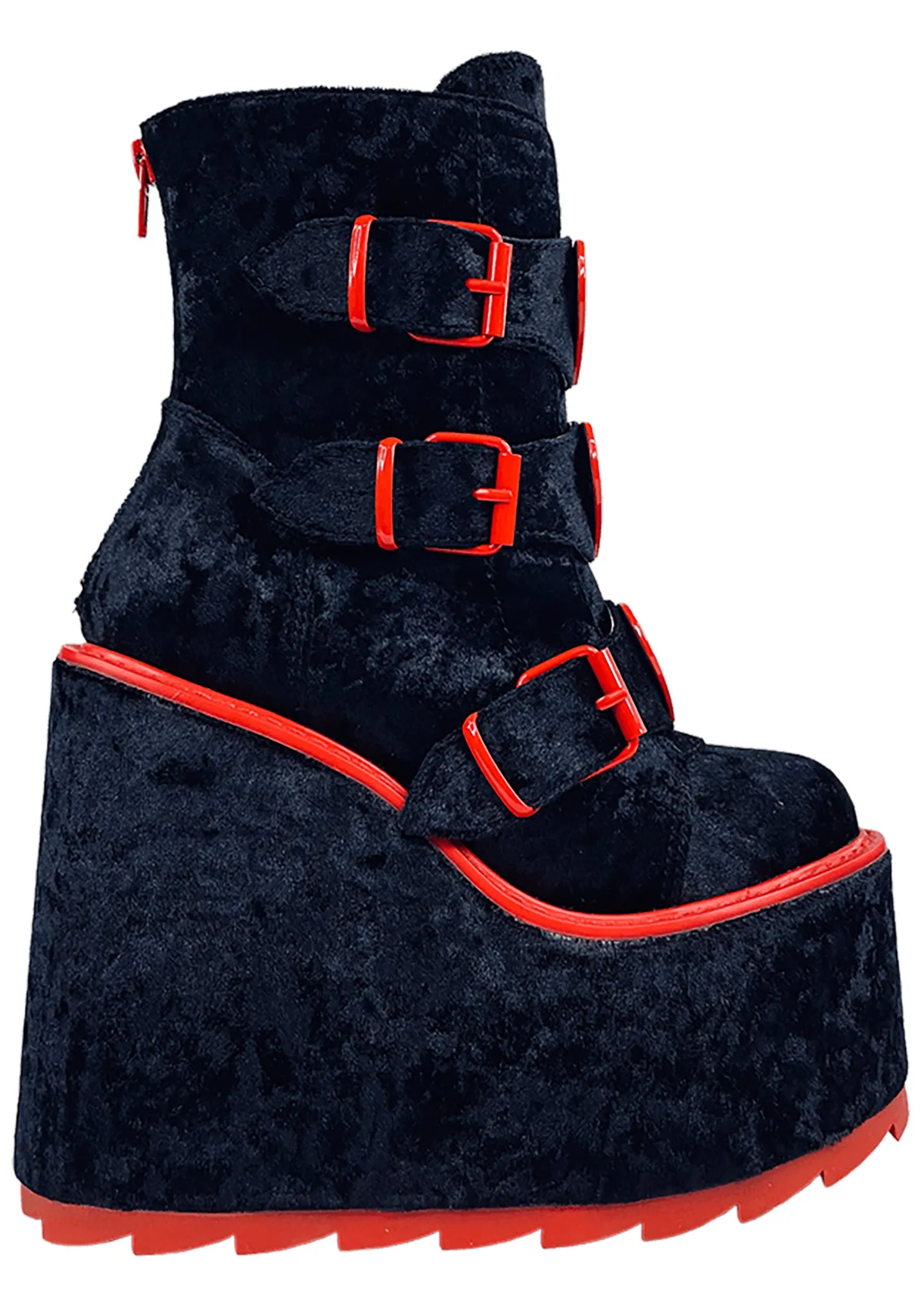 Dune Lo Heart Velvet Platform Boots in Black Red