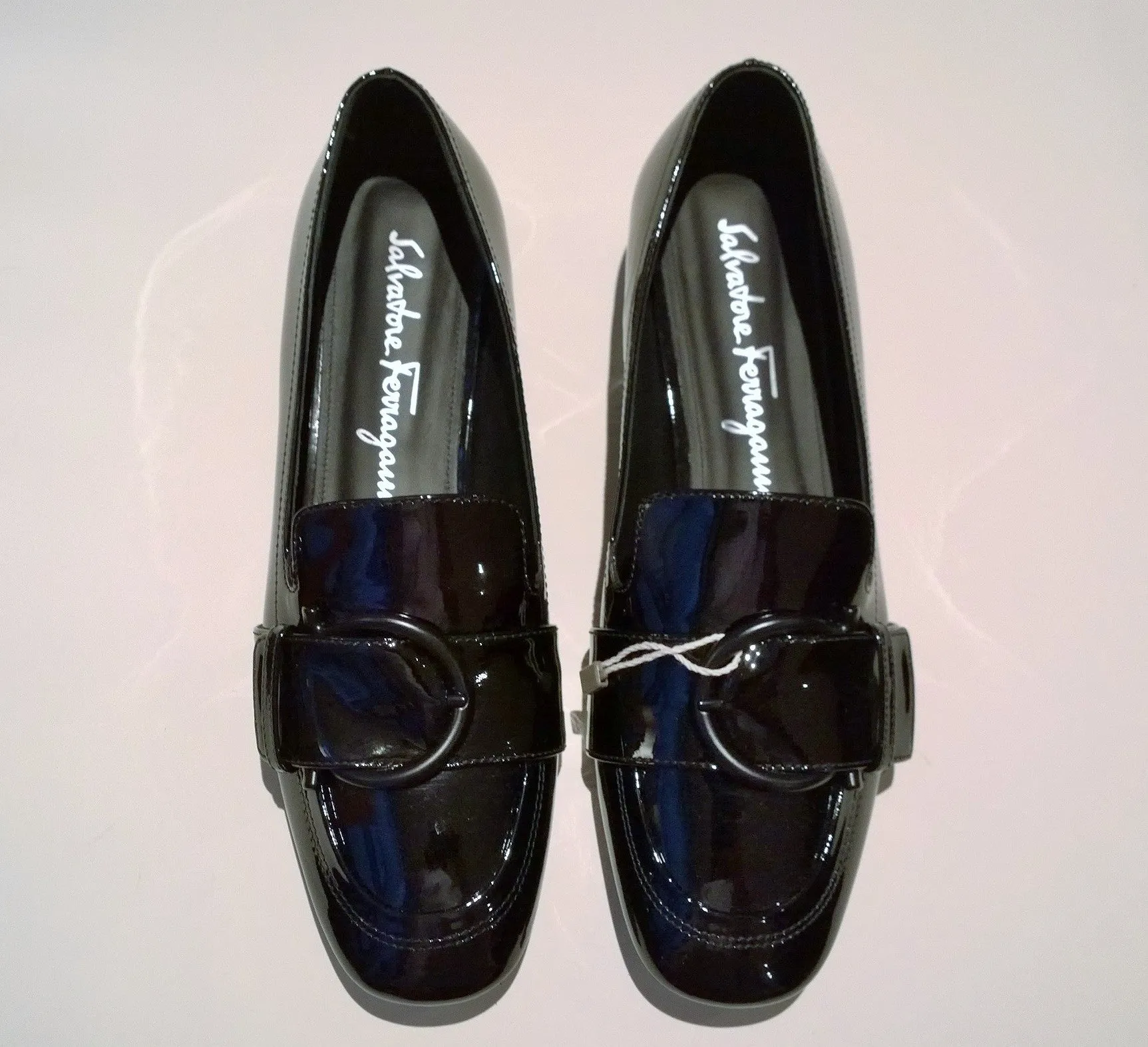 Ferragamo Bonnie Black Patent Buckle Loafers Flats Shoes