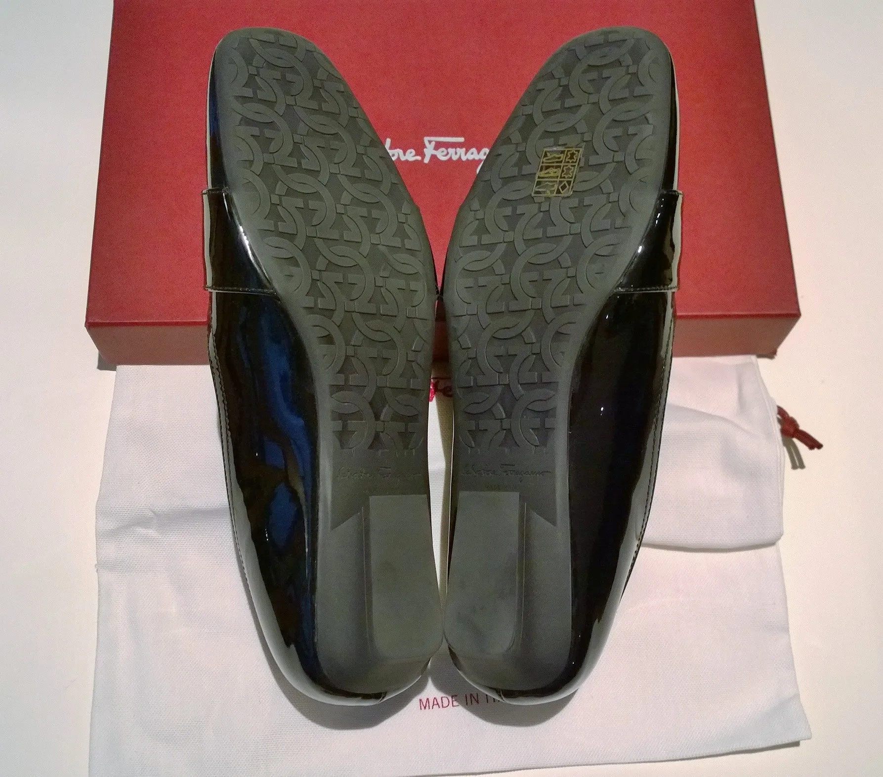 Ferragamo Bonnie Black Patent Buckle Loafers Flats Shoes