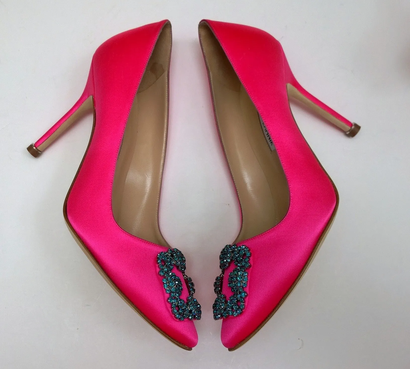 Manolo Blahnik Bright Pink Hangisi 105 Heels with Turquoise Blue Rhinestone Buckle Shoes