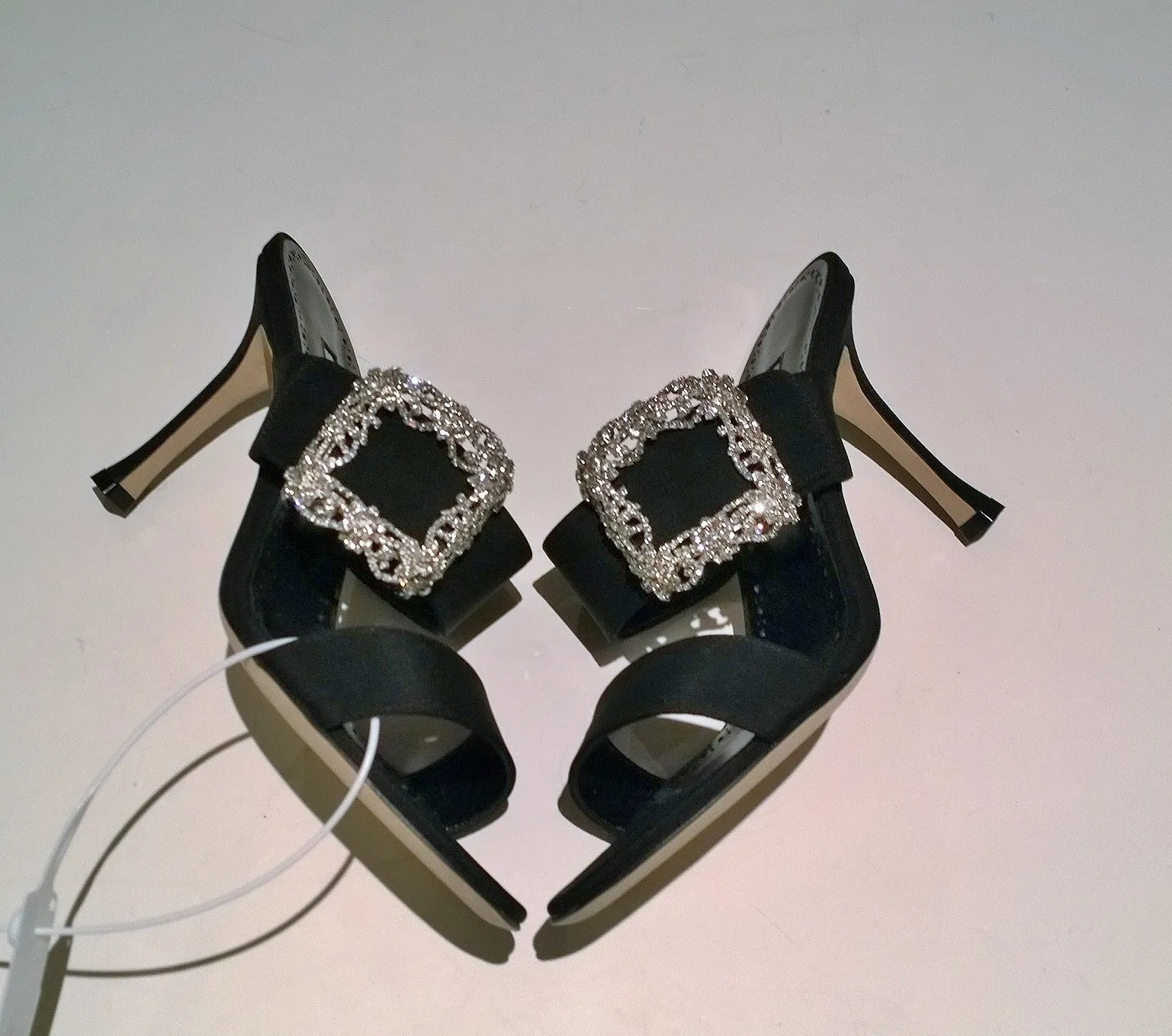 Manolo Blahnik Gable 90 Black Crepe Rhinestone Buckle Sandals Slides