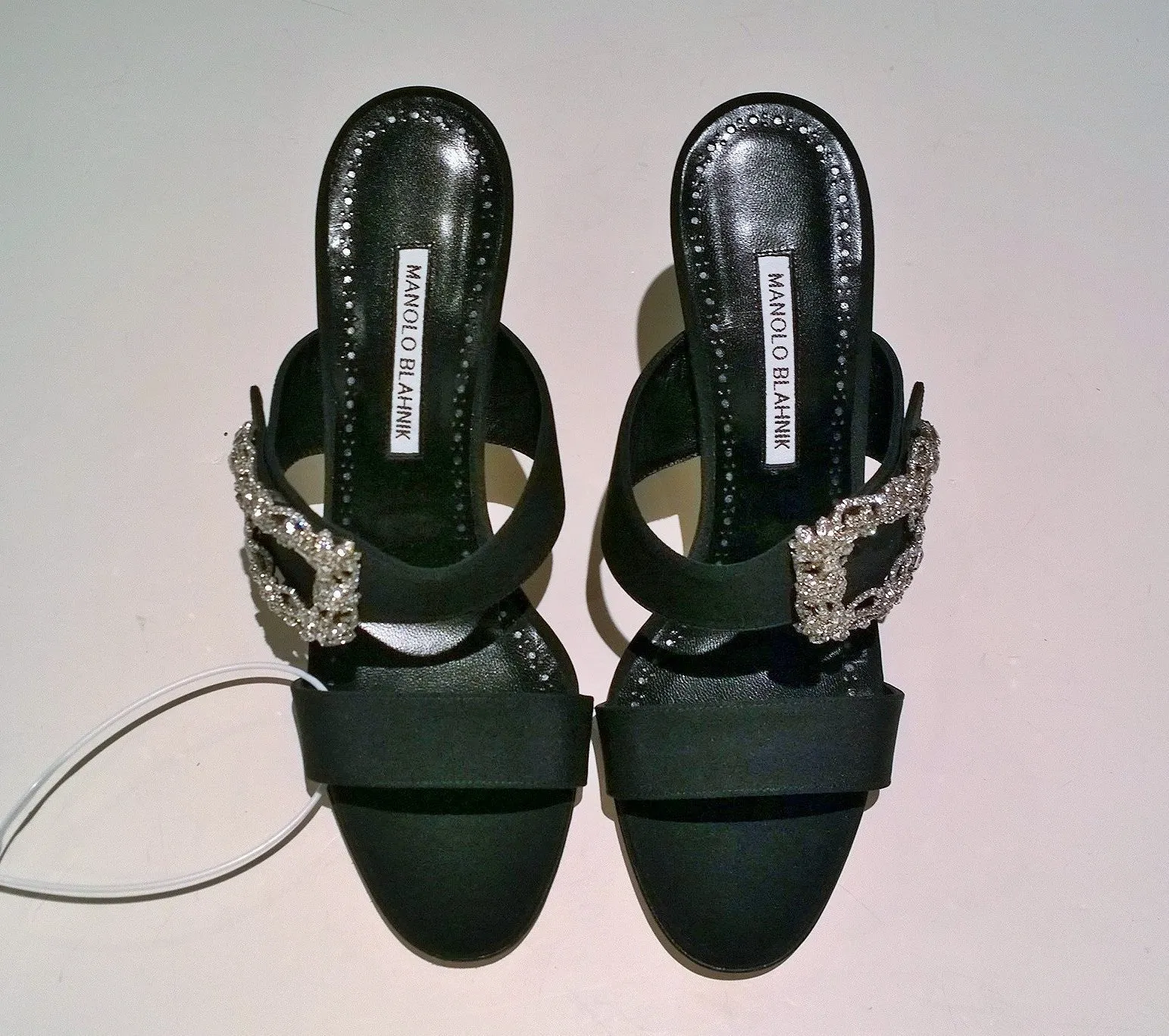 Manolo Blahnik Gable 90 Black Crepe Rhinestone Buckle Sandals Slides